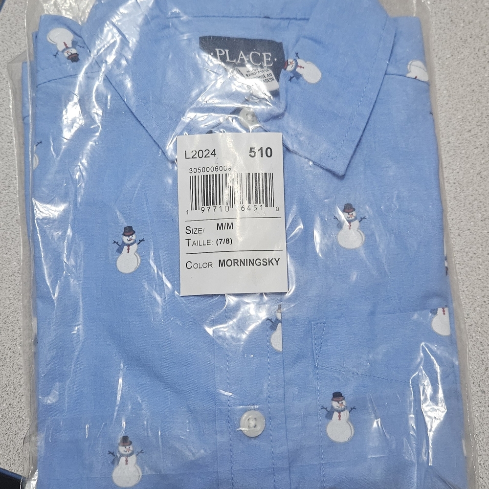 The Children's Place Morning Sky Blue Snowman Print Button-Down Shirt New
